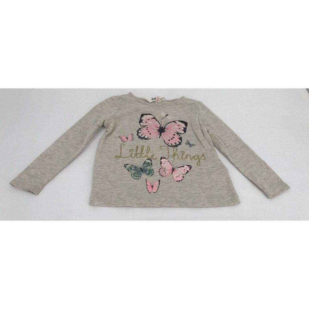 H&M Baby Girls Shirt Size 18-24 Months Butterflies Gray Pink Glitter